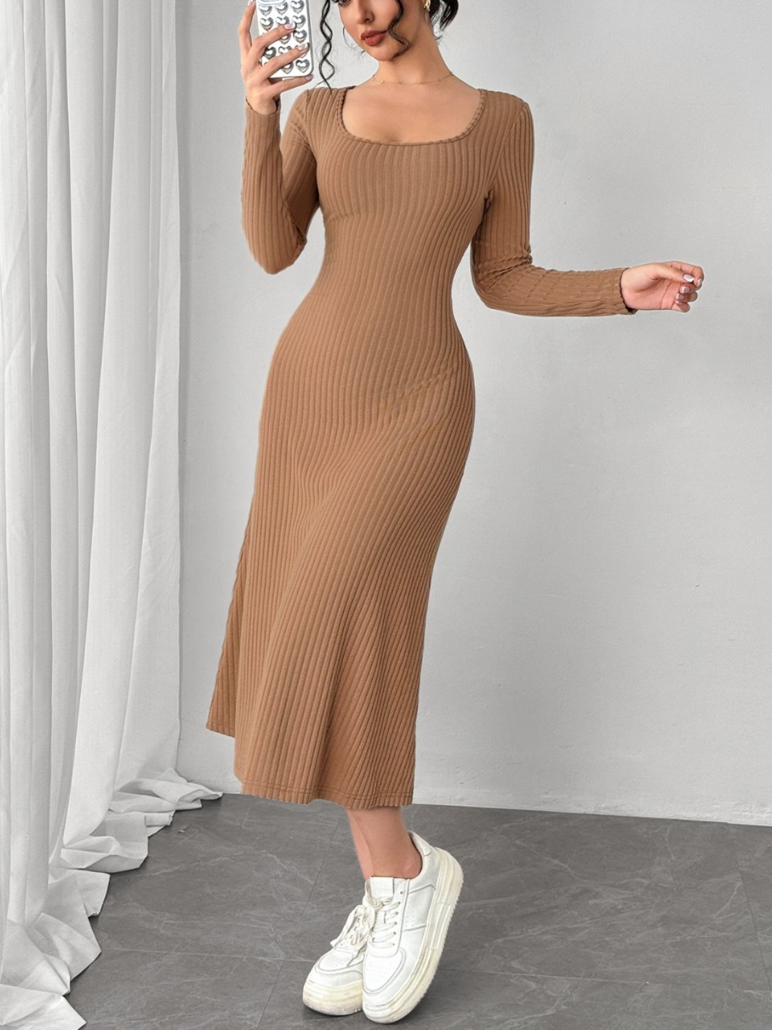 Square Neck Long Sleeve Midi Wrap Dress - Classique Collection