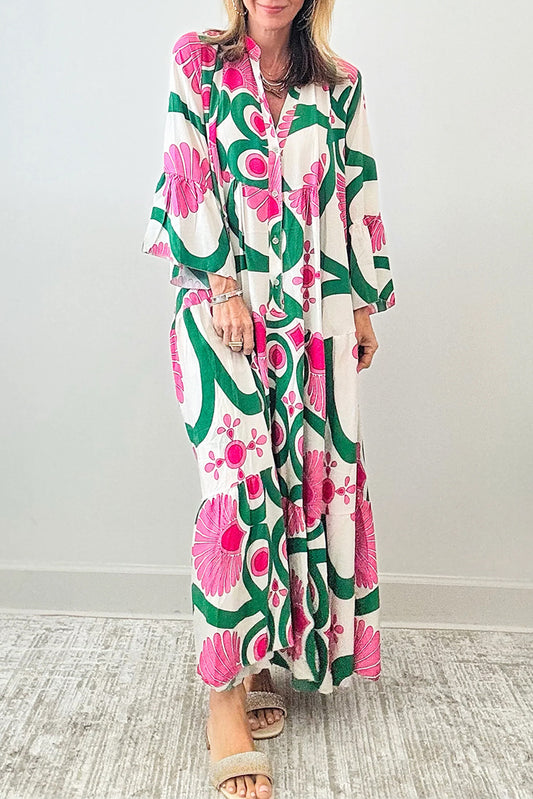 Printed Notched Long Sleeve Maxi Dress - Classique Collection