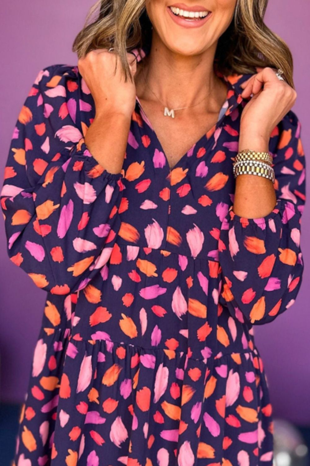 Printed Notched Long Sleeve Dress - Classique Collection