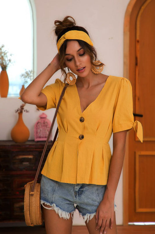 Buttoned V-Neck Short Sleeve Blouse - Classique Collection