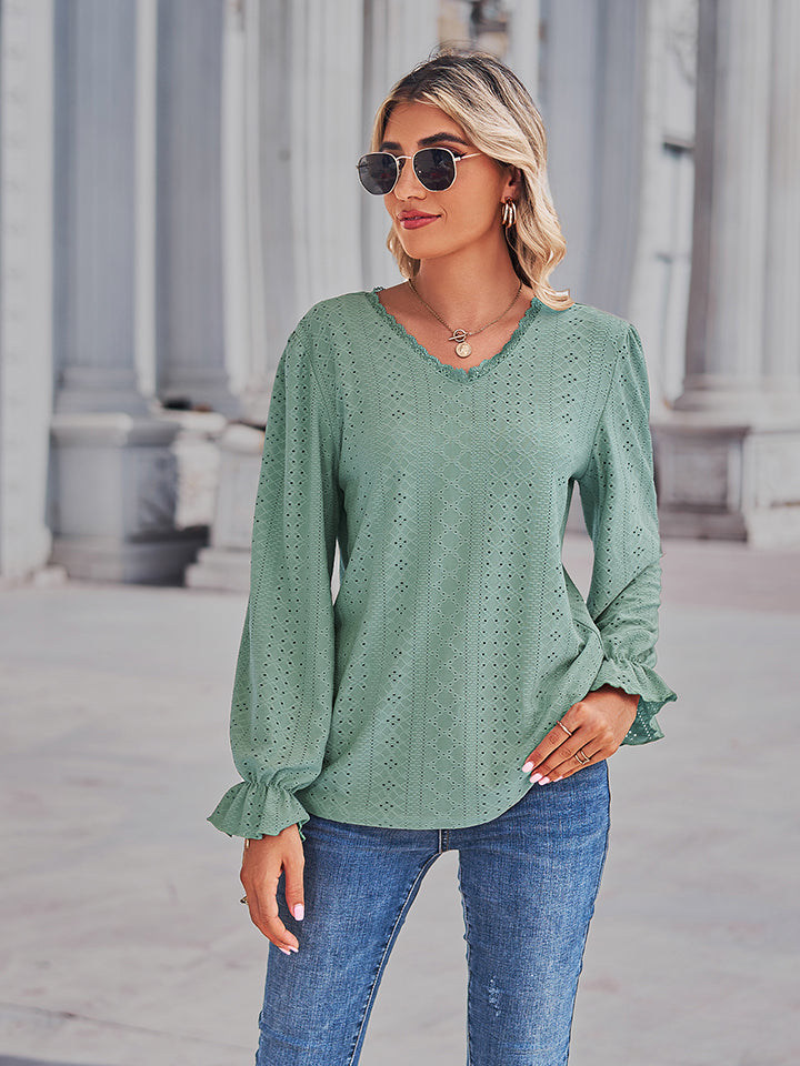 Eyelet V-Neck Flounce Sleeve Blouse - Classique Collection