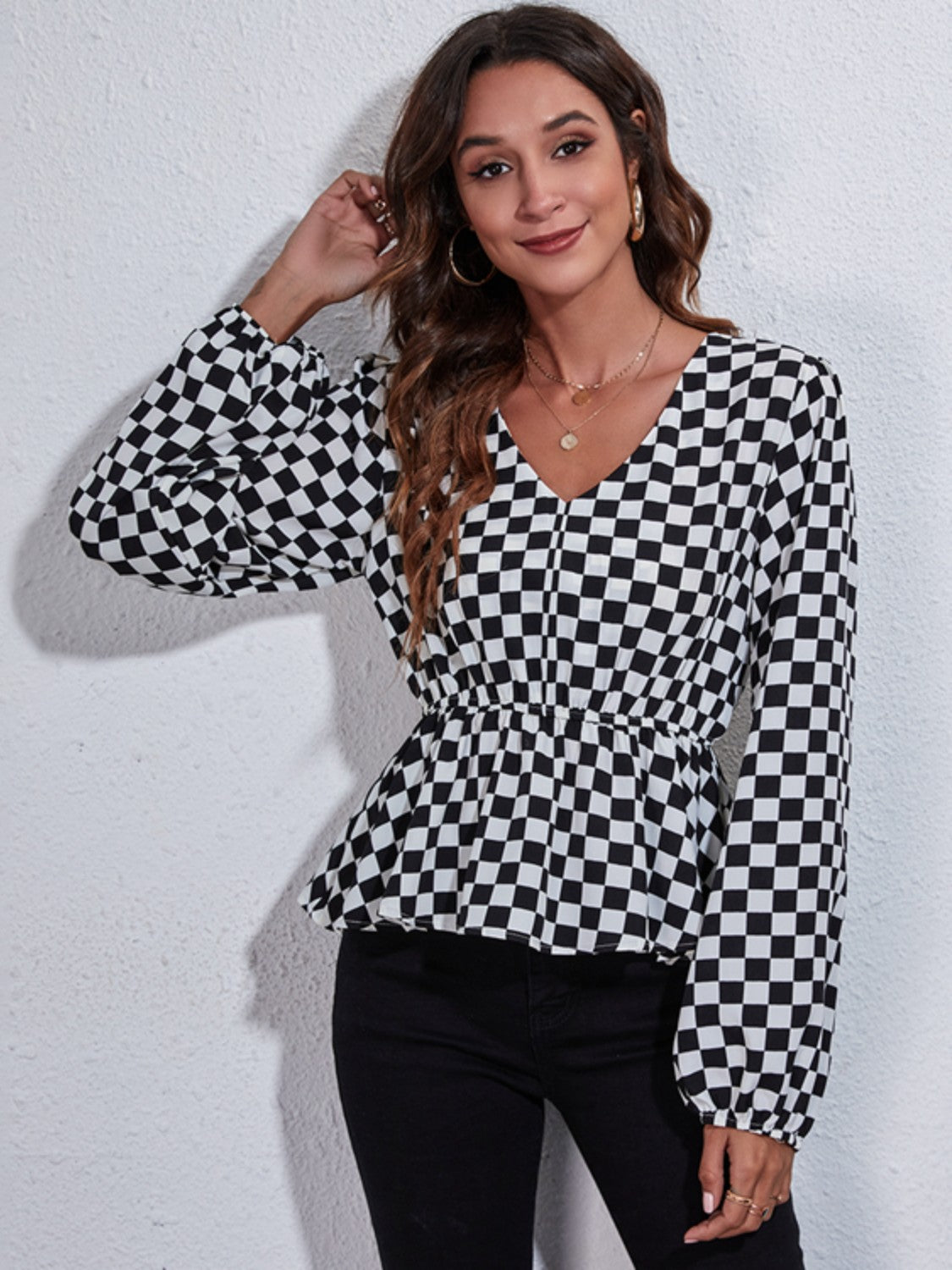 Checkered V-Neck Balloon Sleeve Peplum Blouse - Classique Collection