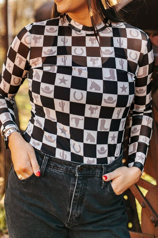 Checkered Mock Neck Long Sleeve Top - Classique Collection