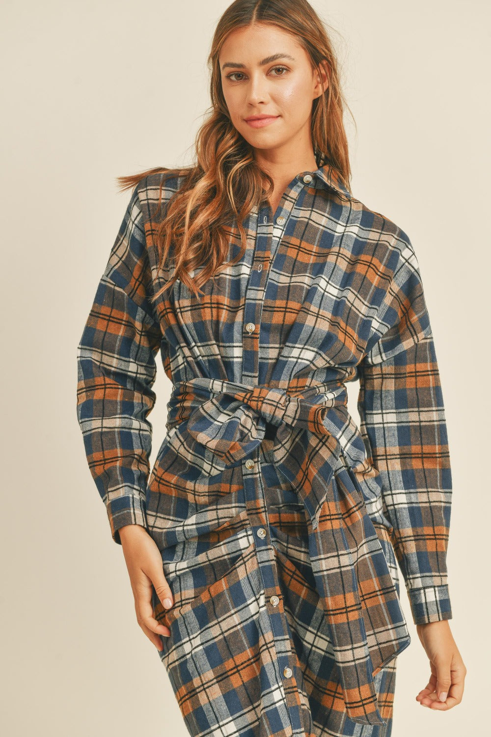 Mable Plaid Flannel Front Tie Button Down Shirt Dress - Classique Collection
