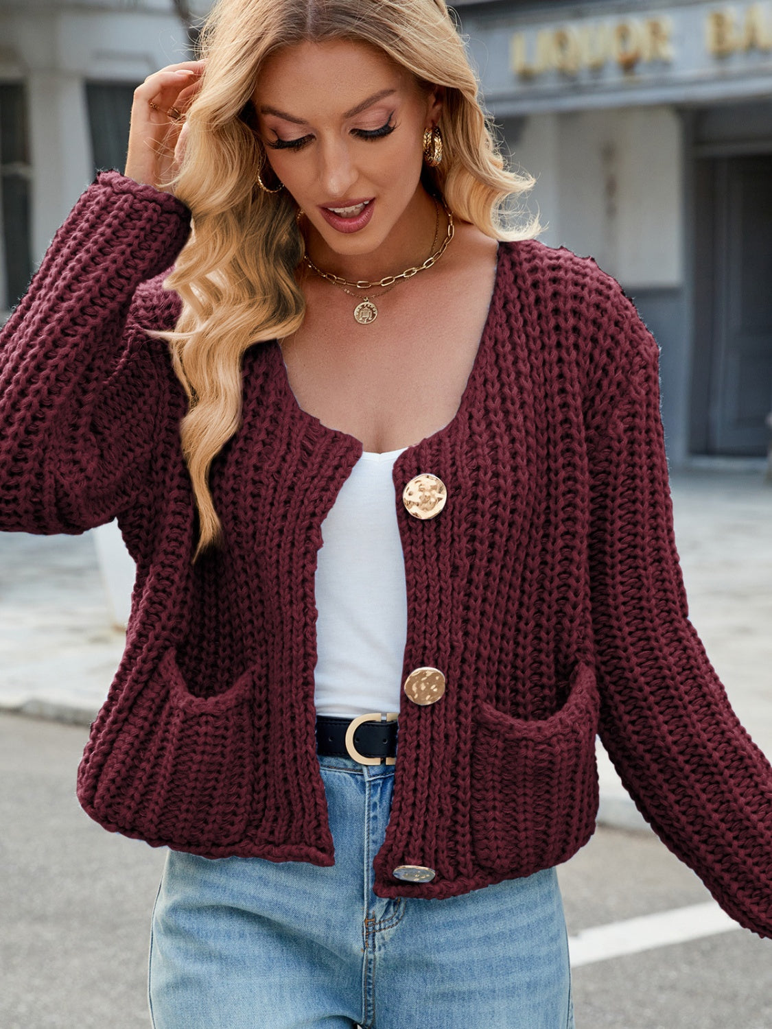 Round Neck Button Up Cardigan with Pockets - ClassiQ