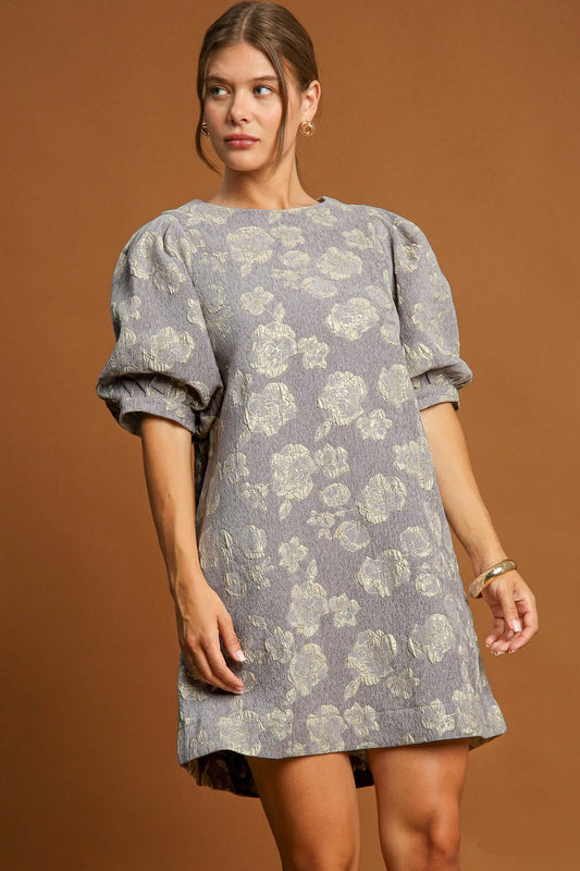 Umgee Floral Jacquard Puff Sleeve Mini Dress - Classique Collection