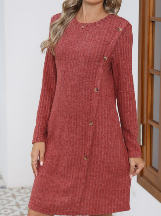 Decorative Button Round Neck Long Sleeve Dress - Classique Collection