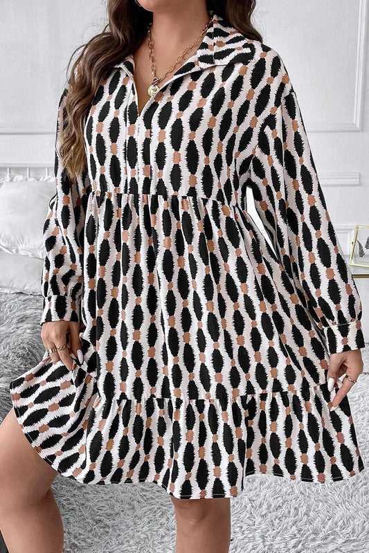 Plus Size Printed Johnny Collar Long Sleeve Dress - Classique Collection