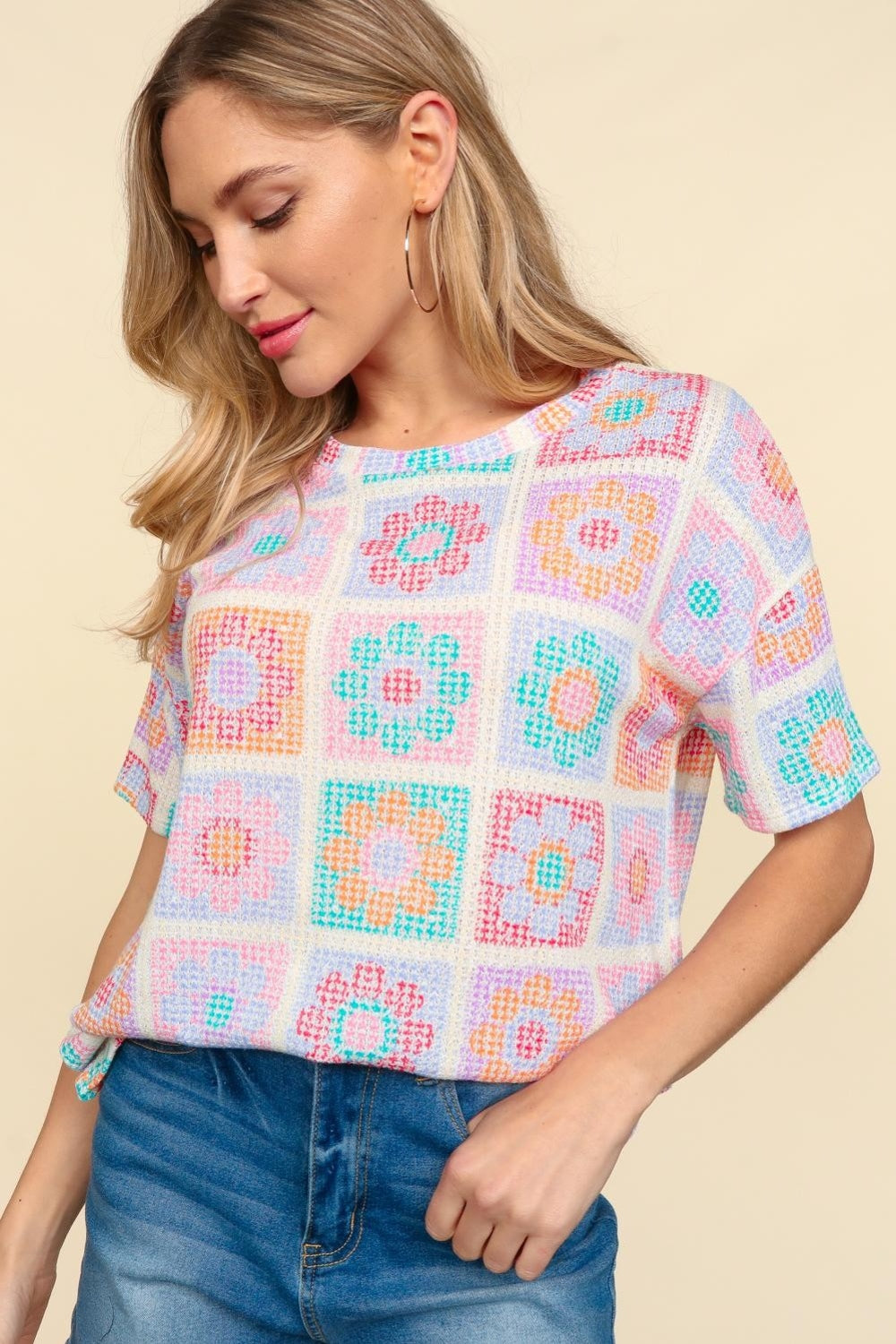 Haptics Flower Print Round Neck Short Sleeve T-Shirt - Classique Collection