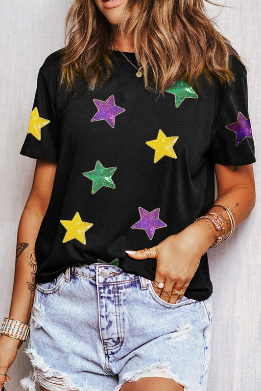 Sequin Stars Patched Round Neck T-Shirt - Classique Collection