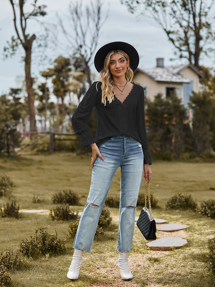 V-Neck Flounce Sleeve Blouse - Classique Collection