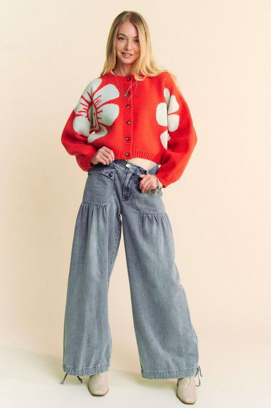 Davi & Dani Flower Contrast Round Neck Long Sleeve Cardigan - ClassiQ