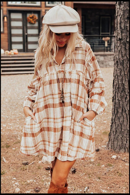 Plaid Collared Neck Long Sleeve Mini Shirt Dress - Classique Collection