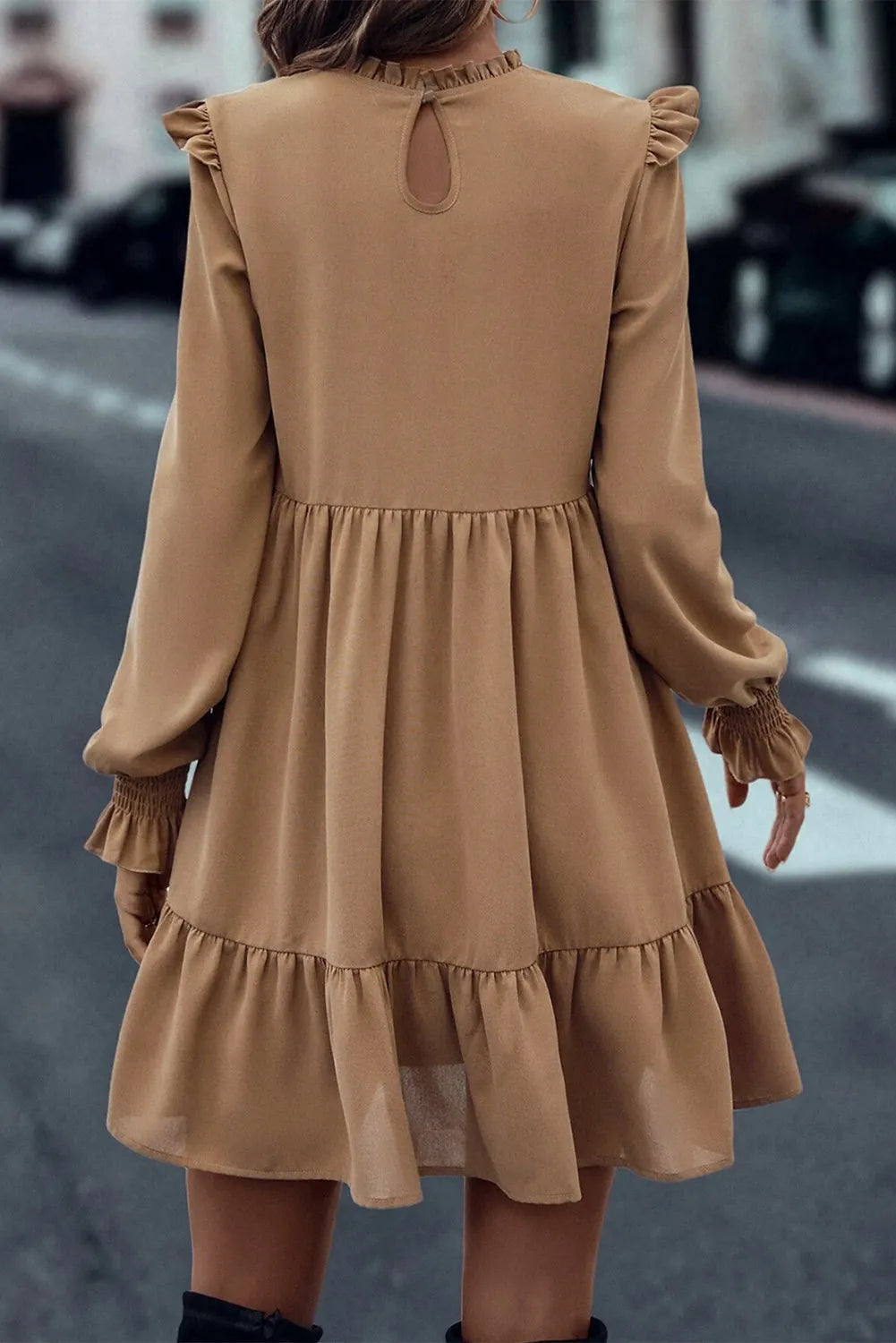 Frill Round Neck Flounce Sleeve Mini Dress - Classique Collection