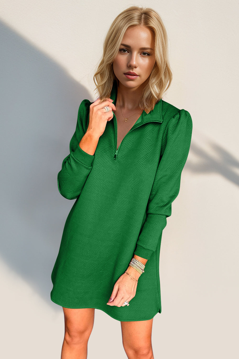 Double Take Textured Quarter Zip Long Sleeve Dress - Classique Collection