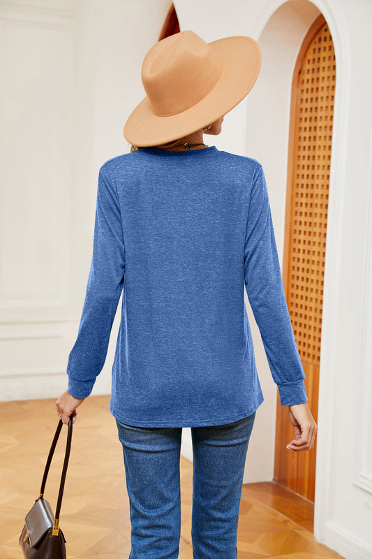 Buttoned Notched Neck Long Sleeve Top - Classique Collection