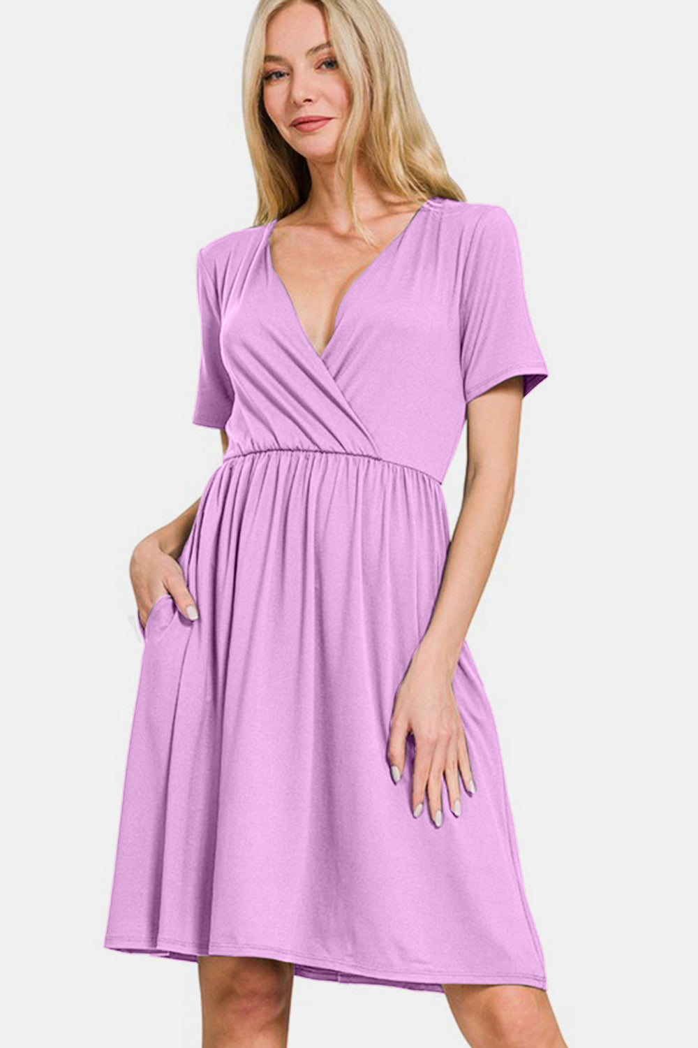 Zenana Surplice Short Sleeve Brushed DTY Dress - Classique Collection