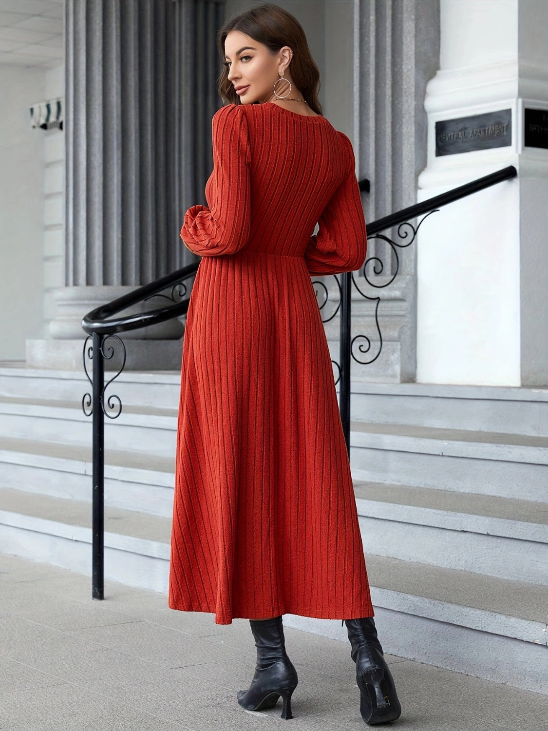Ribbed Round Neck Long Sleeve Dress - Classique Collection