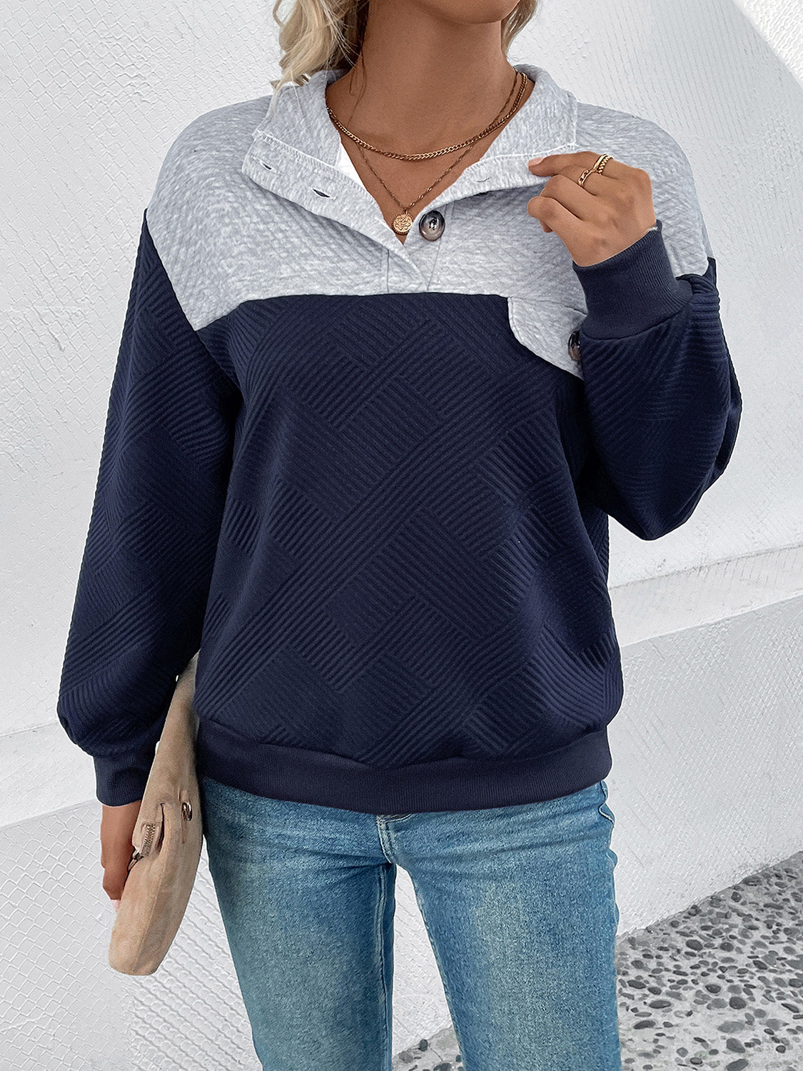 Perfee Textured Contrast Half Button Sweatshirt - Classique Collection
