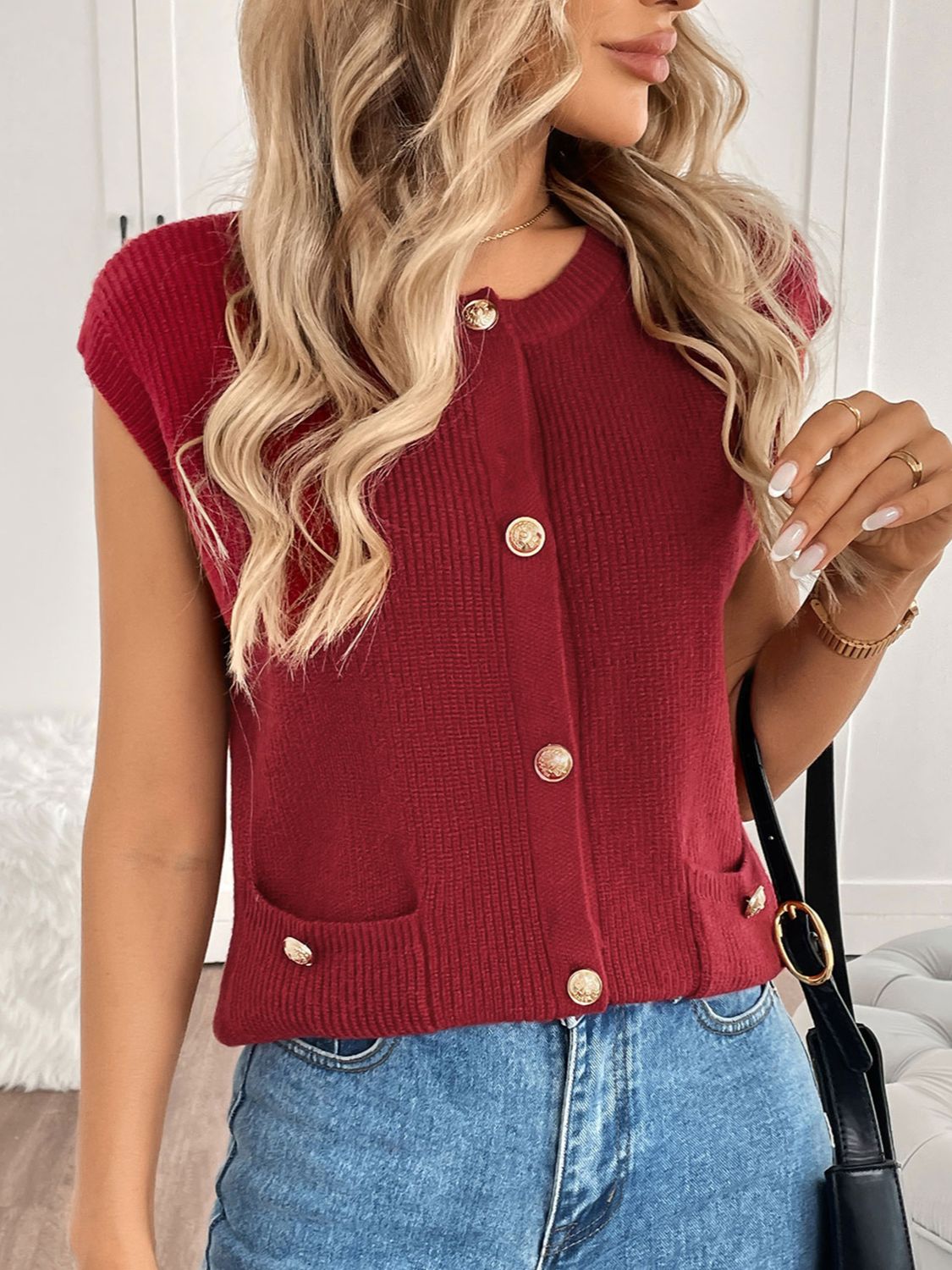 Perfee Pocketed Round Neck Cap Sleeve Cardigan - Classique Collection