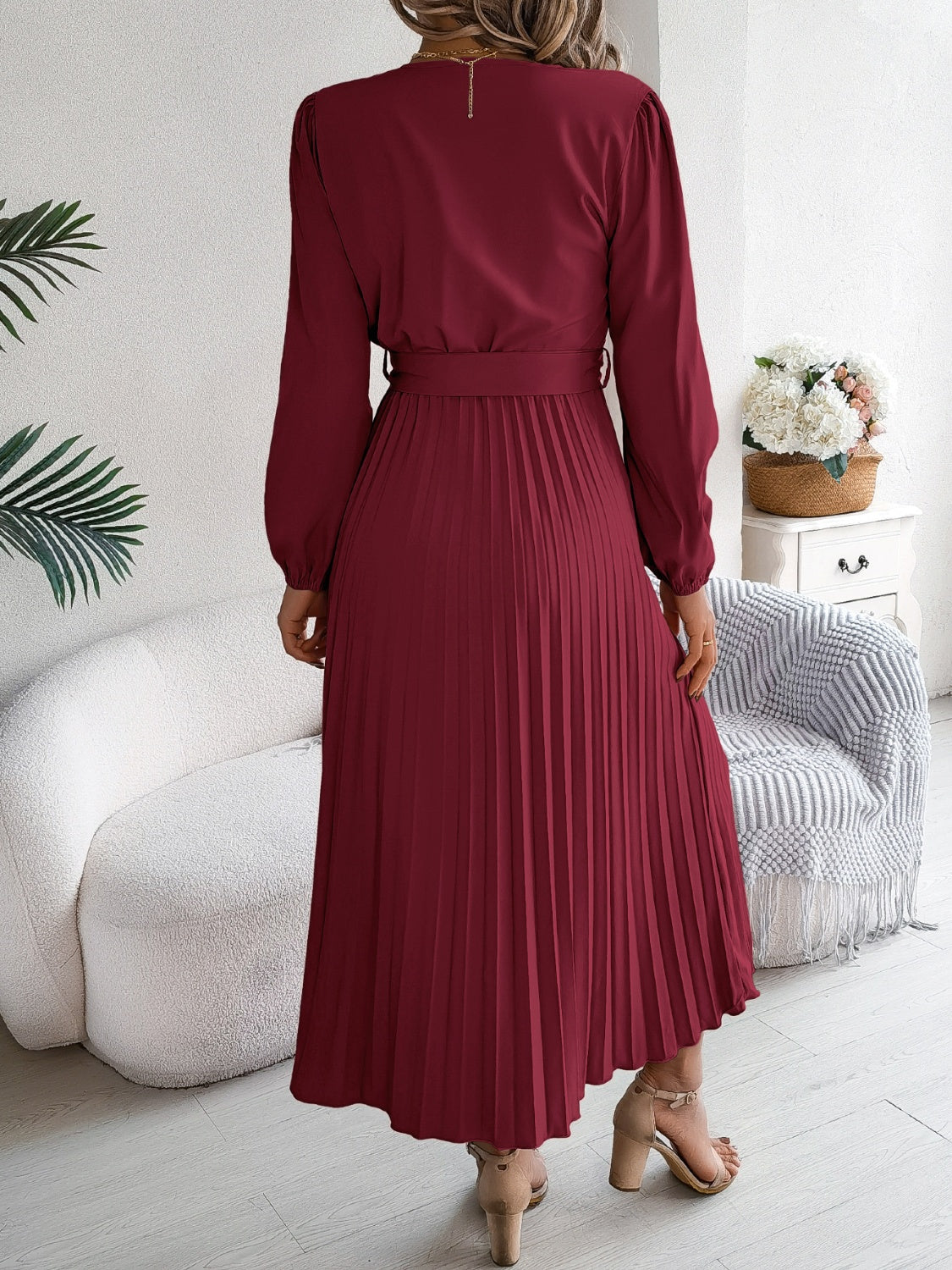 Pleated Tied V-Neck Long Sleeve Dress - Classique Collection