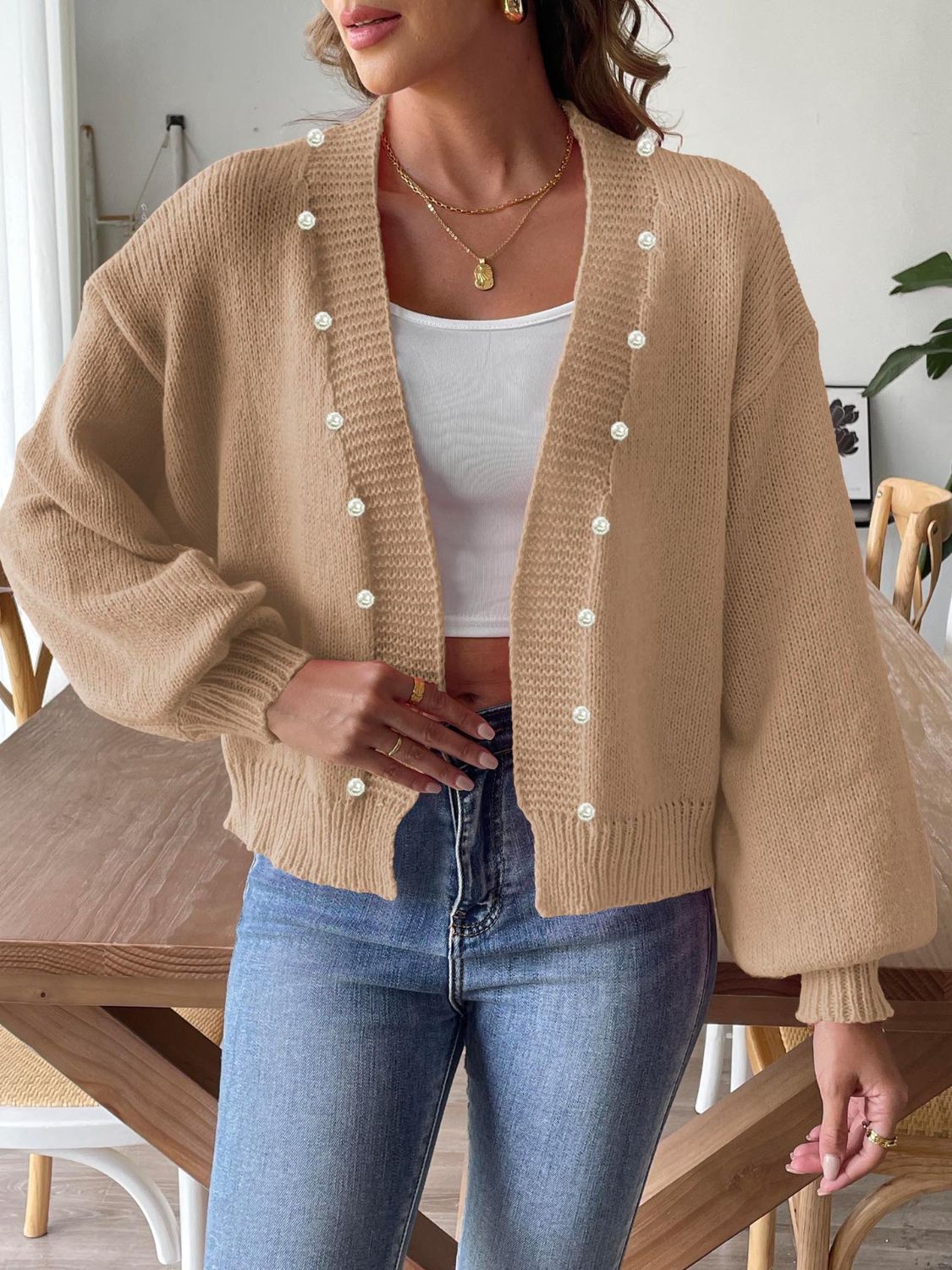 Pearl Open Front Long Sleeve Cardigan - ClassiQ