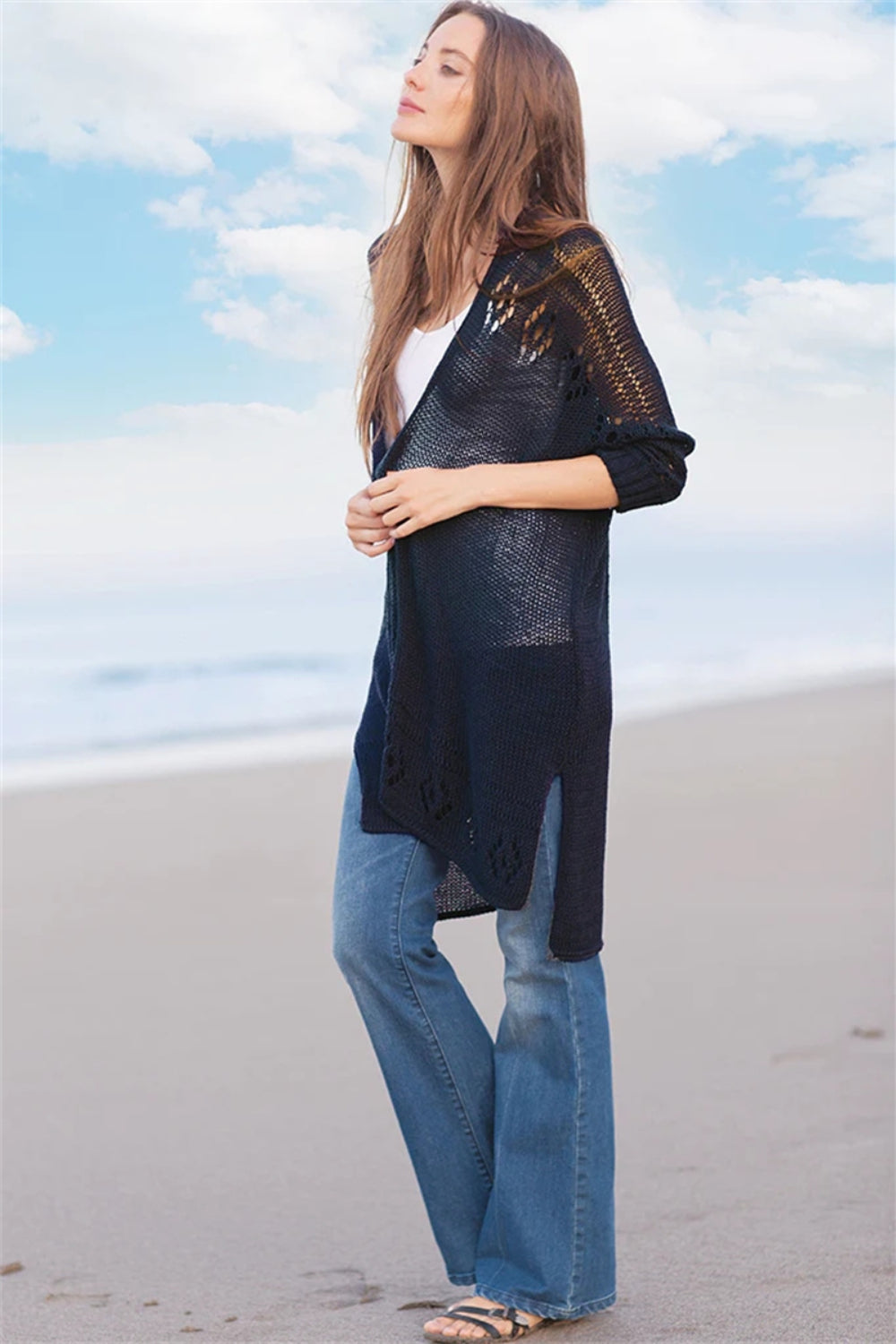 Openwork Side Slit Open Front Long Sleeve Cardigan - Classique Collection