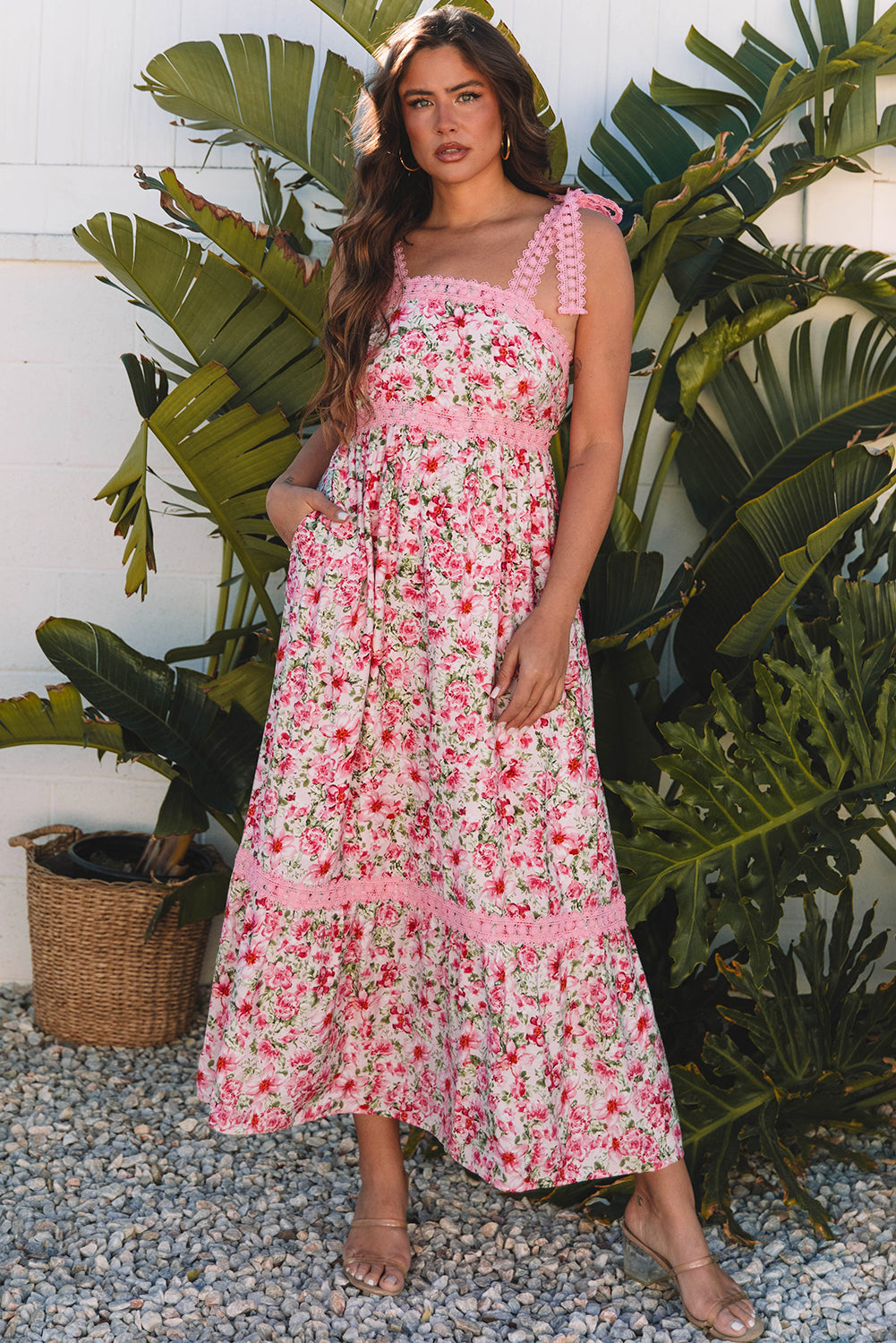Pink Floral Lace Tied Strap Empire Waist Maxi Dress ClassiQ