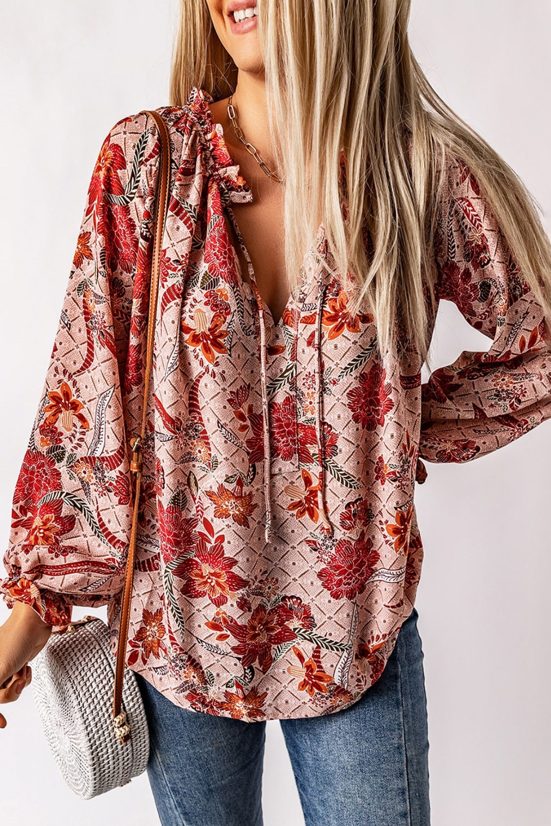 Floral Tie Neck Flounce Sleeve Blouse - Classique Collection