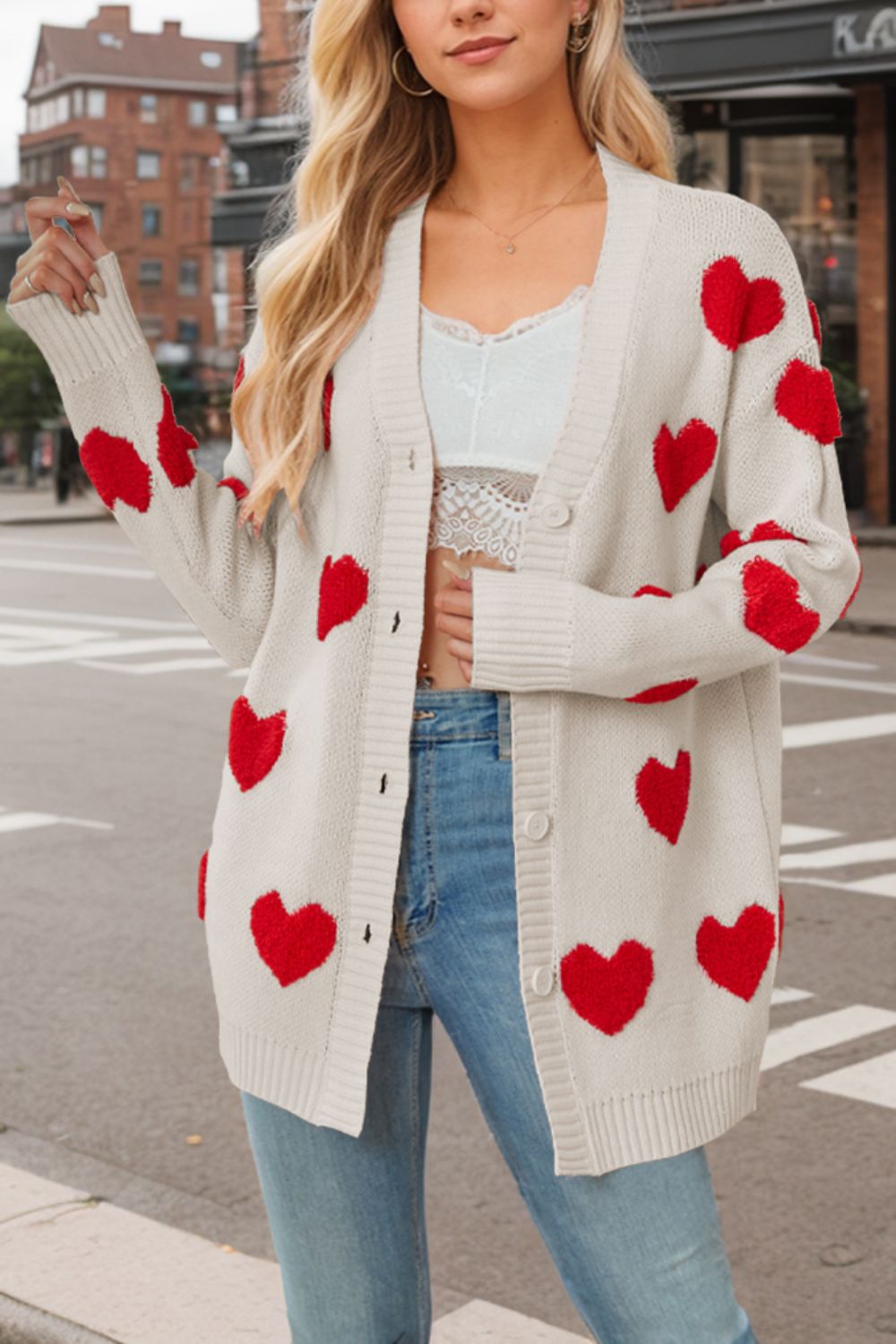 Heart Button Down Long Sleeve Cardigan - ClassiQ