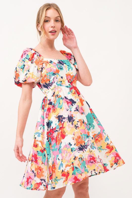 And The Why Square Neck Puff Sleeve Floral Dress - Classique Collection