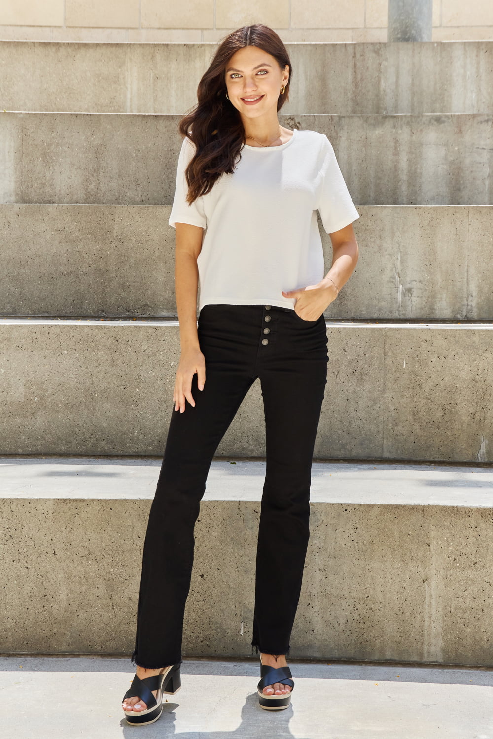 And The Why Pearly White Full Size Criss Cross Pearl Detail Open Back T-Shirt - Classique Collection