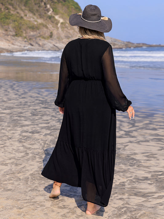 Plus Size Embroidered Tie Neck Long Sleeve Dress - Classique Collection