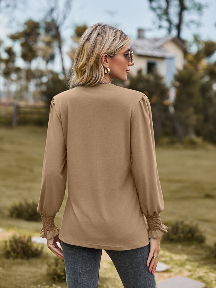 Notched Neck Flounce Sleeve Blouse - Classique Collection