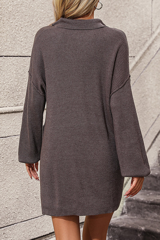 Collared Neck Long Sleeve Sweater Dress with Pockets - Classique Collection
