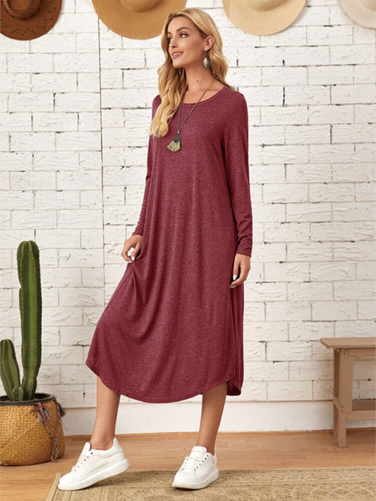 Pocketed Round Neck Long Sleeve Tee Dress - Classique Collection