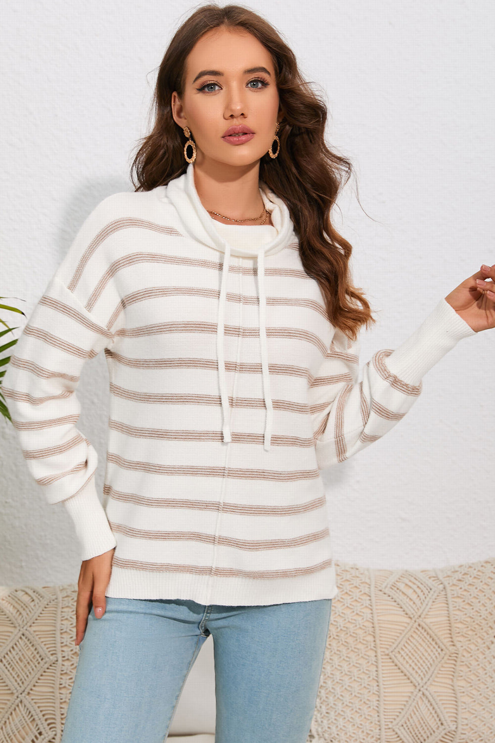 Cowl Neck Drawstring Dropped Shoulder Striped Print Blouse - Classique Collection