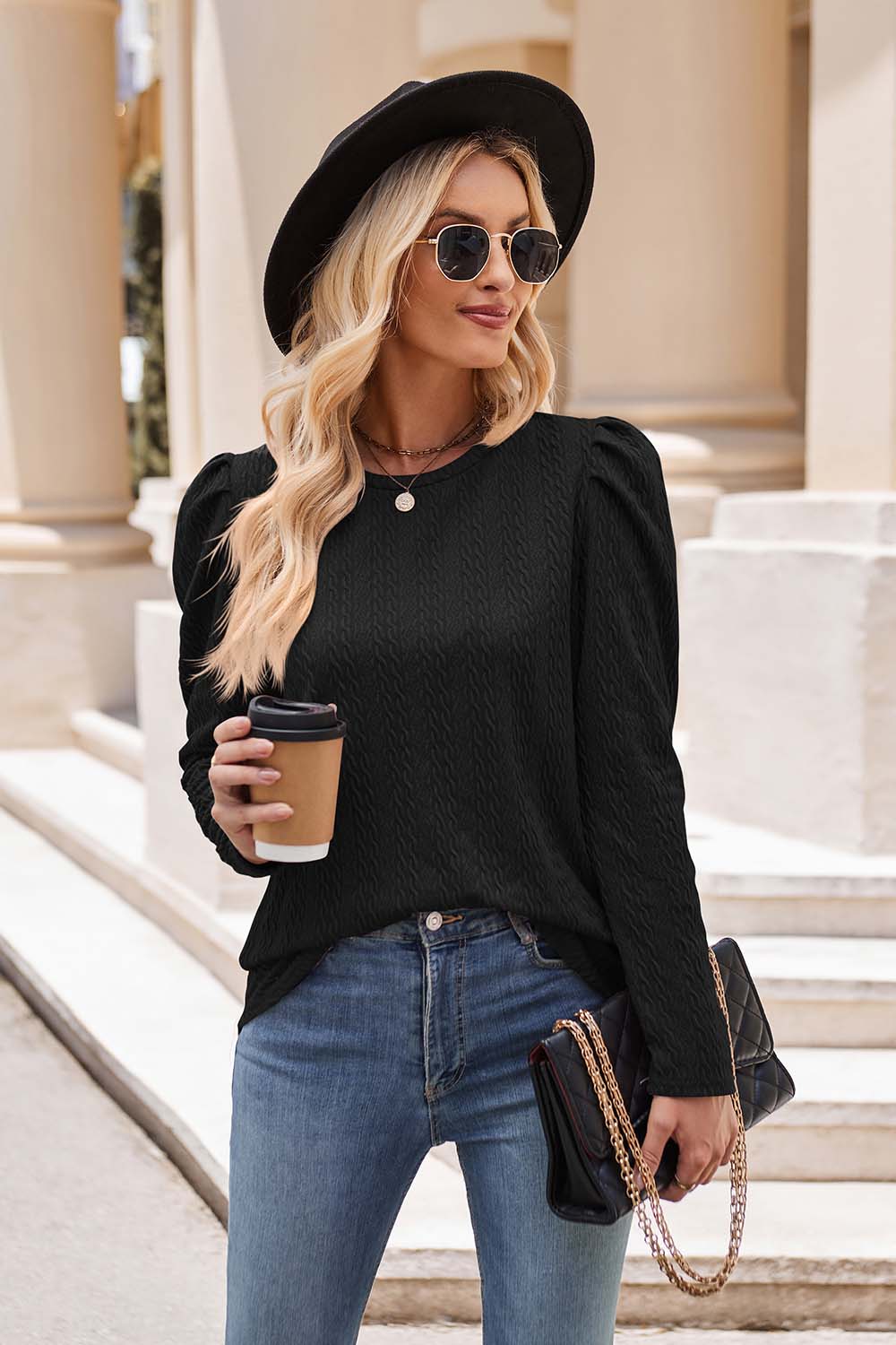 Mandy Round Neck Puff Sleeve Blouse - Classique Collection