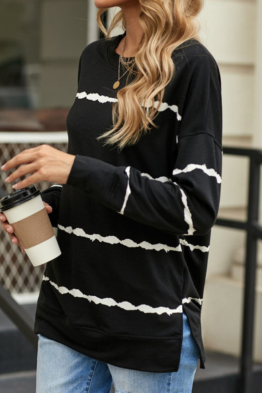 Slit Contrast Striped Round Neck Long Sleeve T-Shirt - Classique Collection