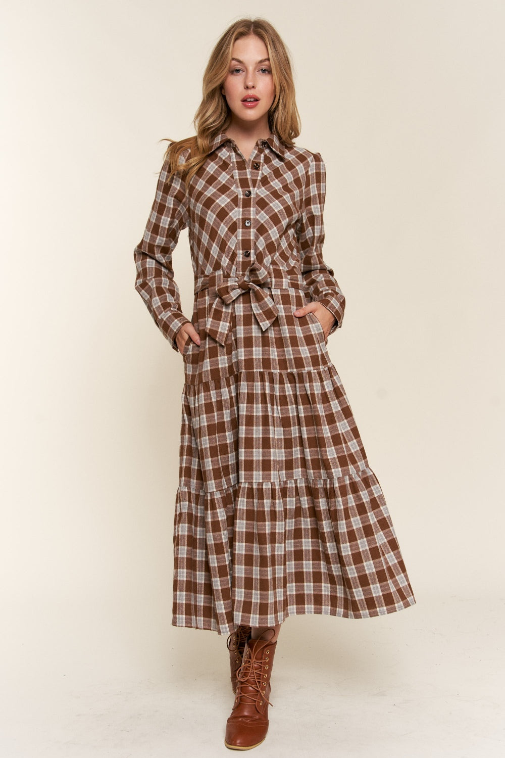 And the Why Plaid Tiered Midi Shirt Dress - Classique Collection