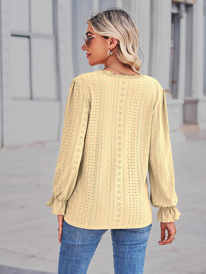 Eyelet V-Neck Flounce Sleeve Blouse - Classique Collection
