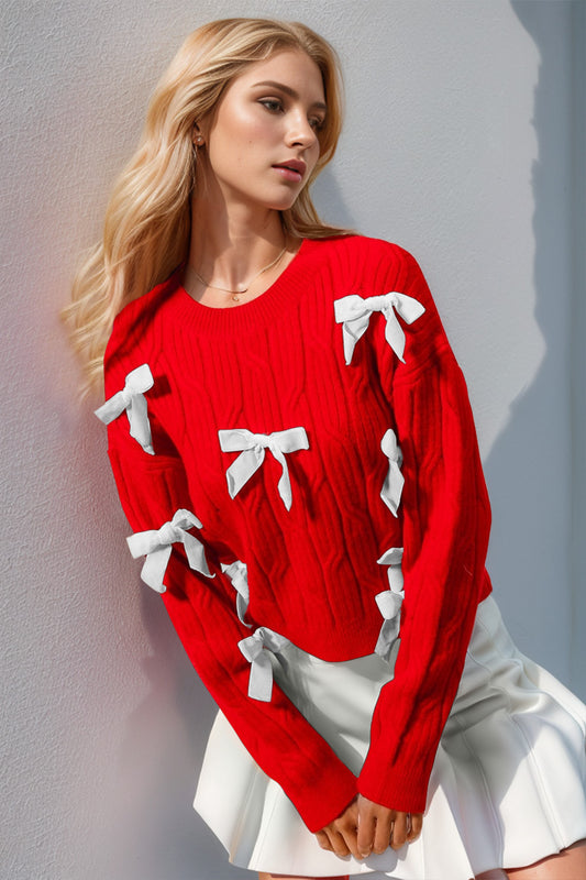 Double Take Full Size Bow Cable-Knit Round Neck Sweater - ClassiQ