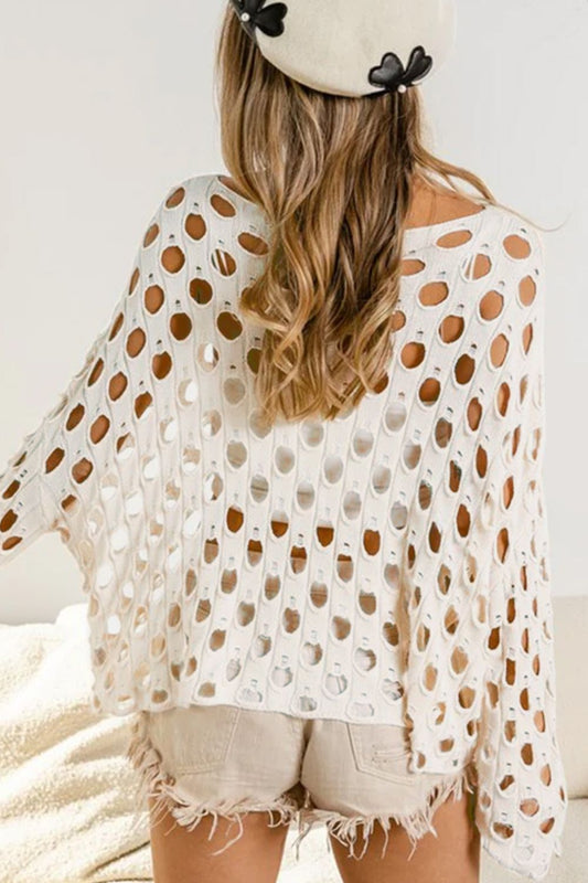 Cutout Round Neck Dropped Shoulder Knit Cover Up - Classique Collection