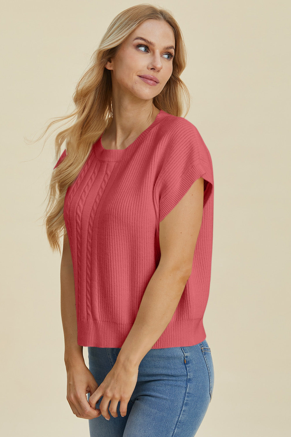Double Take Full Size Cable-Knit Round Neck Short Sleeve Sweater - ClassiQ