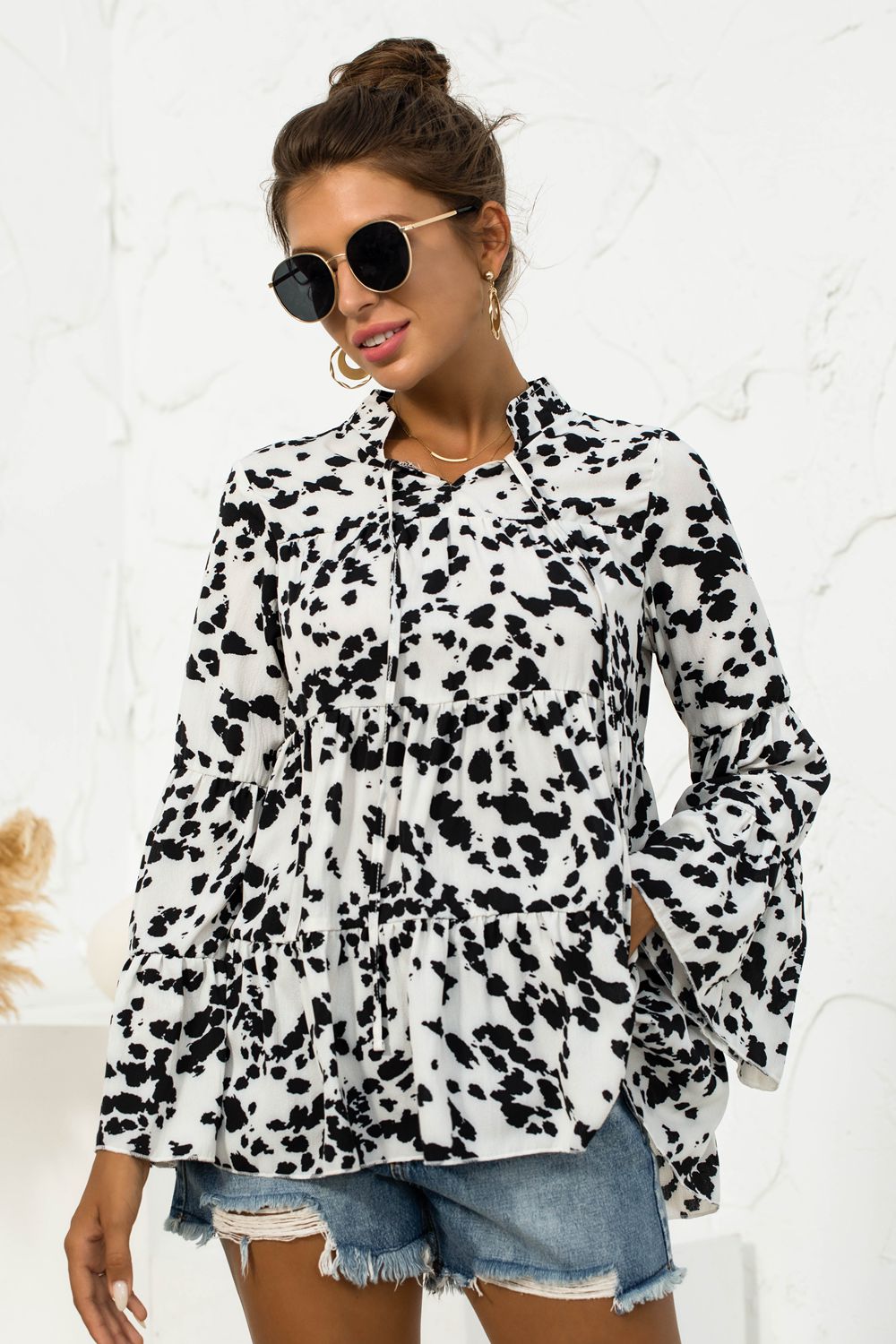 Printed Flare Sleeve Tie Neck Ruffle Trim Blouse - Classique Collection