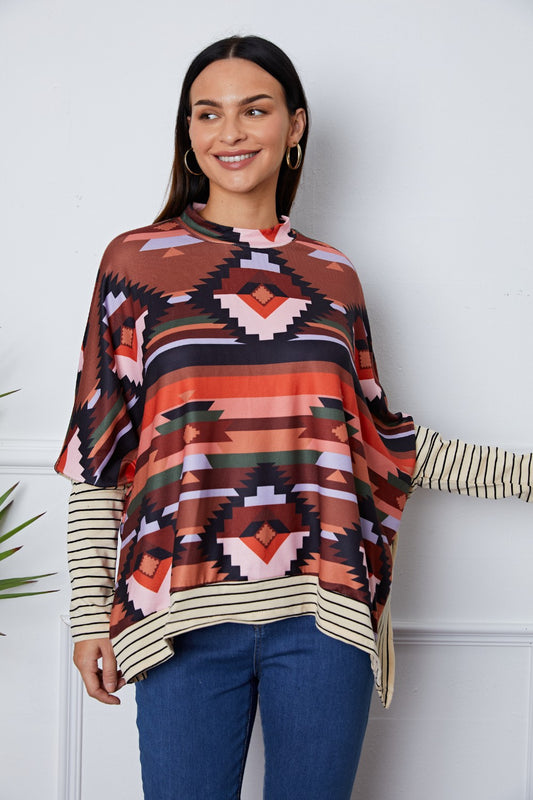 Geometric Striped Splicing Round Neck Blouse - ClassiQ