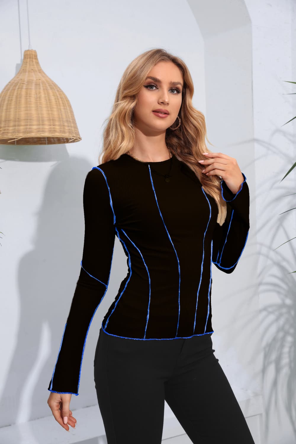 Ribbed Round Neck Long Sleeve Blouse - Classique Collection