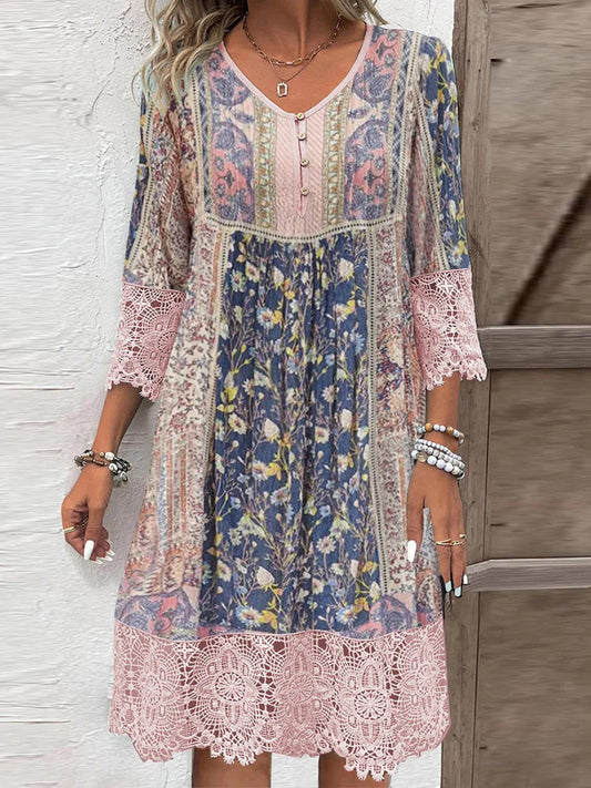 Full Size Lace Detail Printed Three-Quarter Sleeve Dress - Classique Collection
