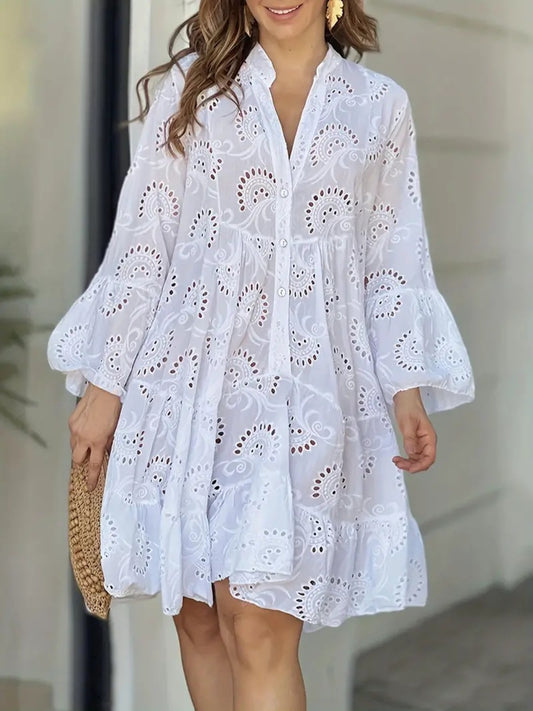 Ruffle Hem Eyelet Notched Long Sleeve Dress - Classique Collection