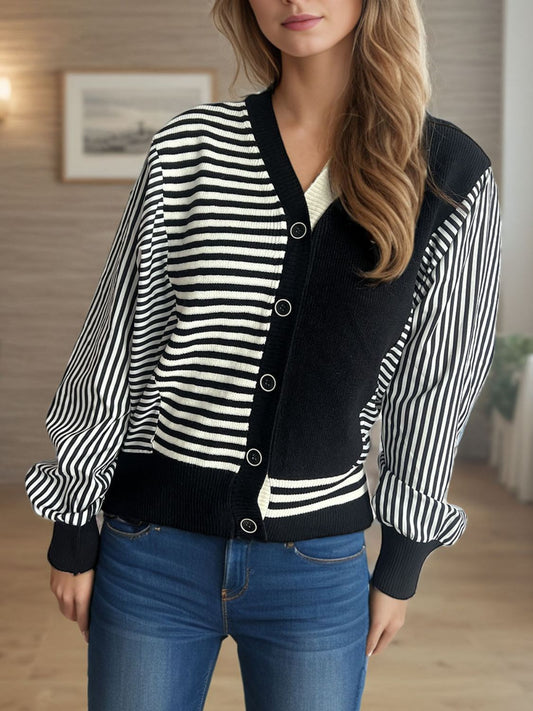 Striped Button Down Long Sleeve Cardigan - ClassiQ